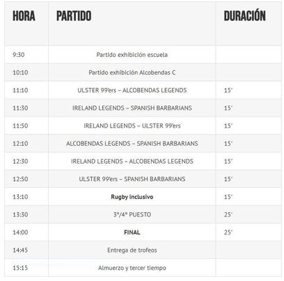 Horarios del Torneo Benéfico Alcobendas Rugby Legends Series / Rugby Alcobendas