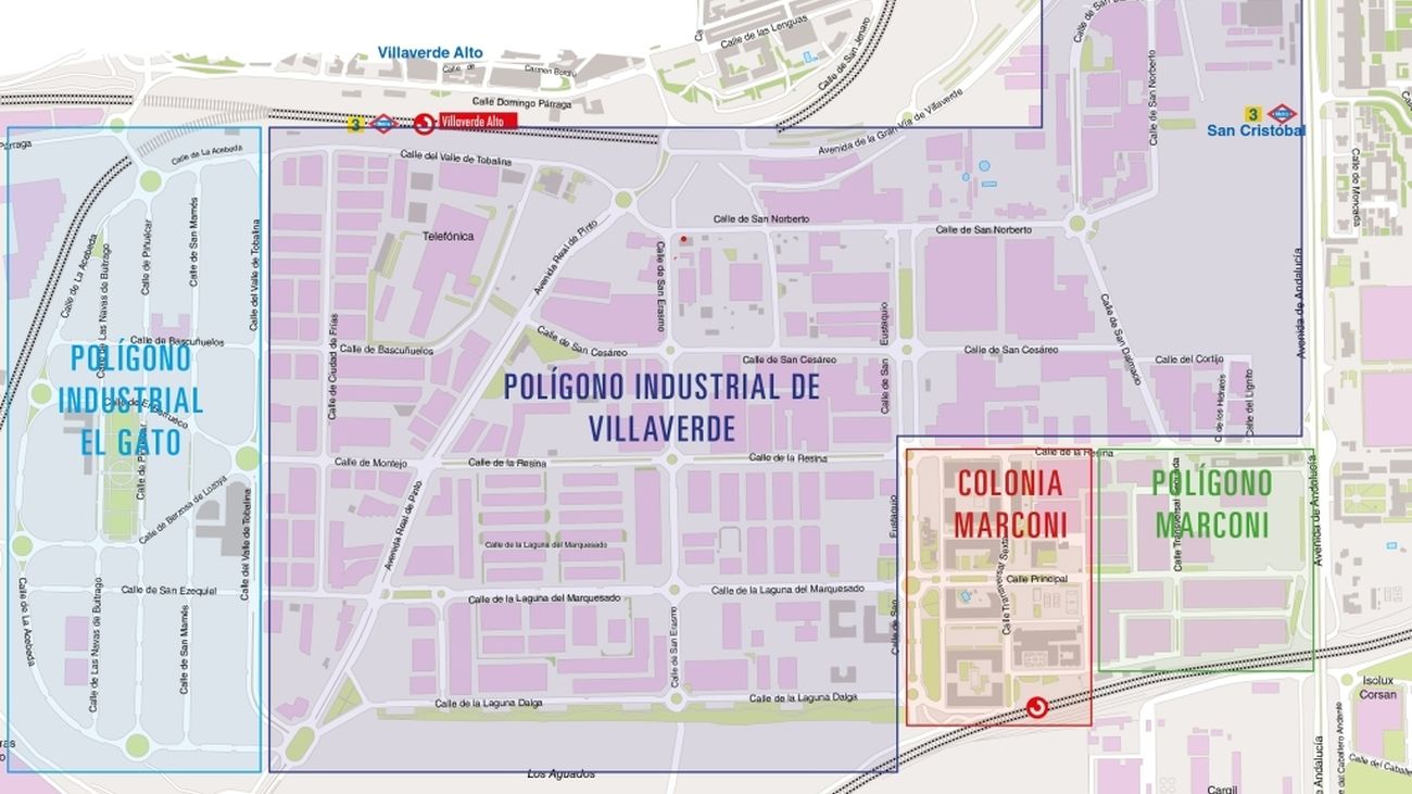 Mapa con la ubicación de la Colonia Marconi entre dos zonas industriales