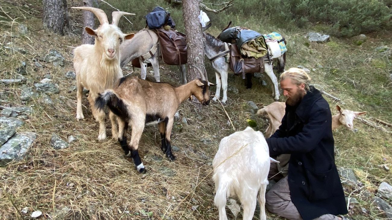 Pierre, el peregrino, junto a sus animales en  la Sierra de Guadarrama