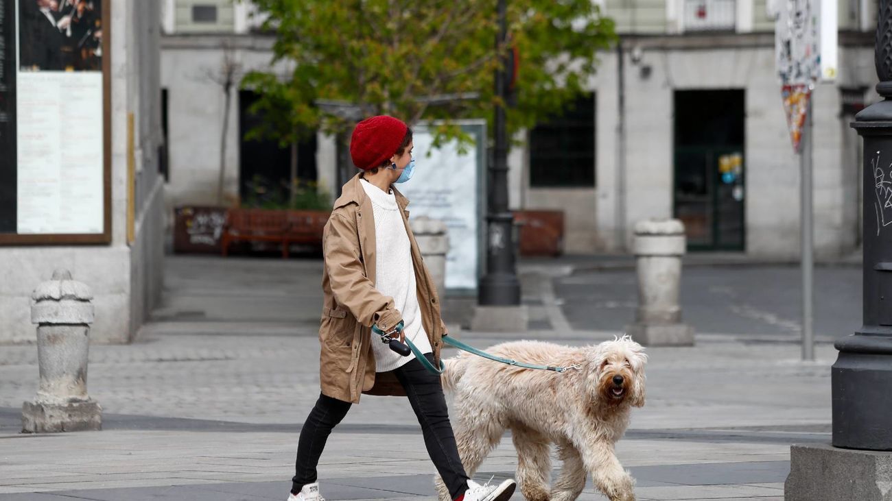 Una mujer pasea a su perro por el centro de Madrid