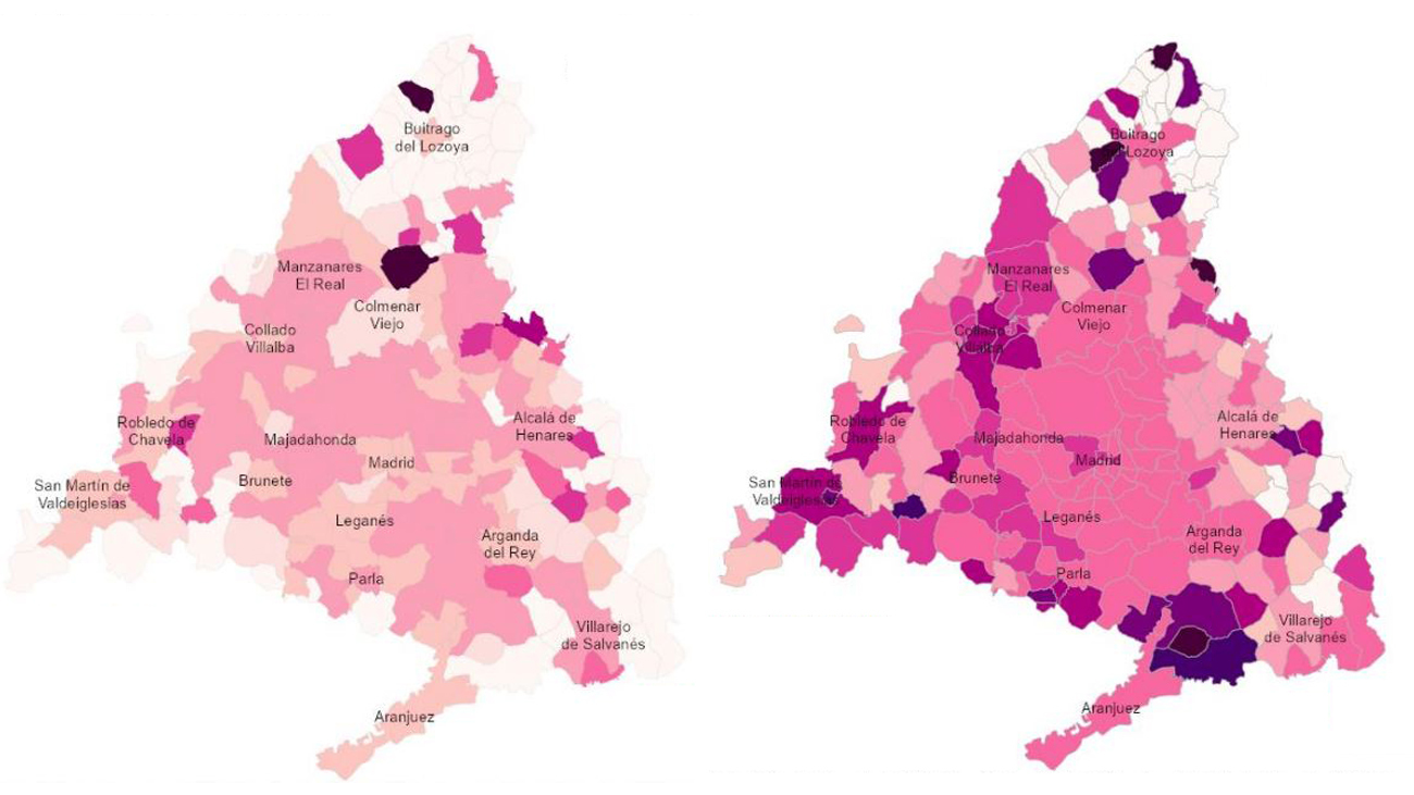 Mapa Covid de Madrid a 23 de noviembre de 2021 (i) y a 24 de noviembre de 2020 (d)