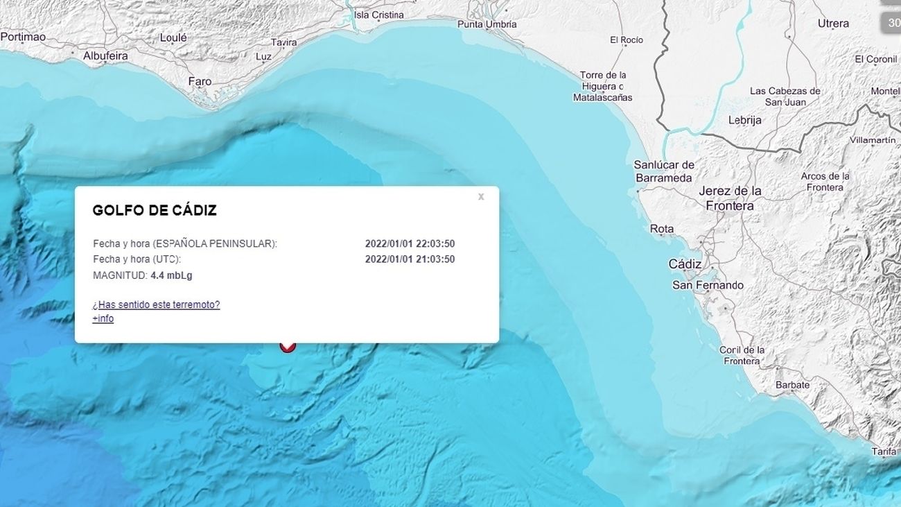 Zona donde se ha producido el terremoto cerca de Huelva