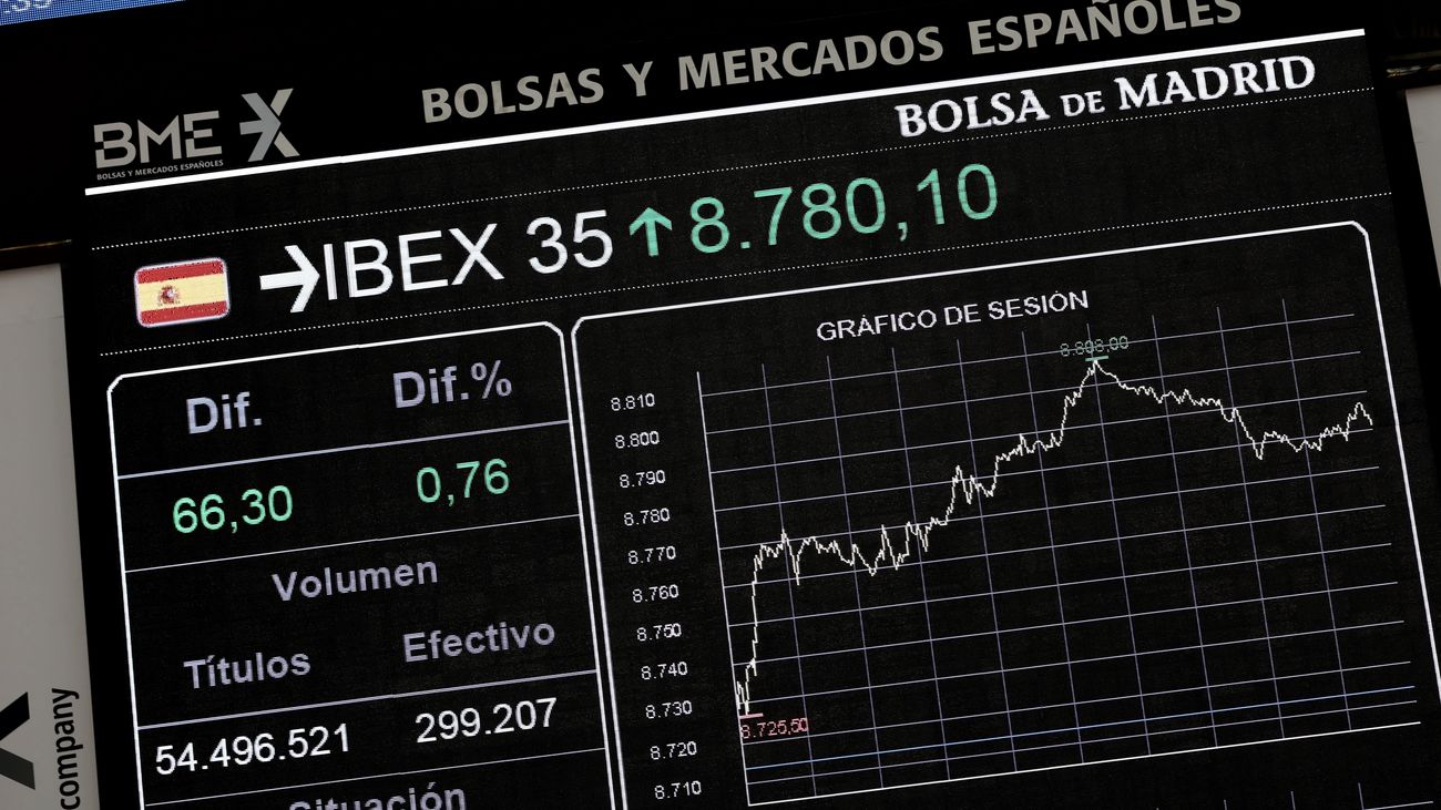 Un panel del Ibex 35 en la Bolsa de Madrid