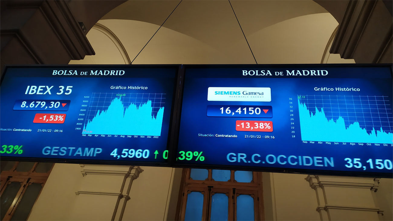 Vista de las pantallas en el parqué de la Bolsa de Madrid