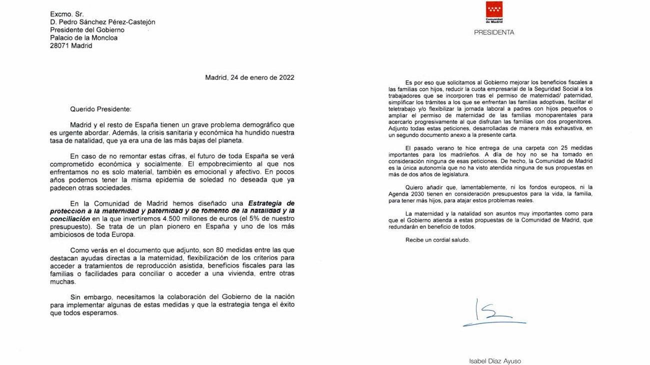 La carta que Isabel Díaz Ayuso ha mandado al presidente Sánchez