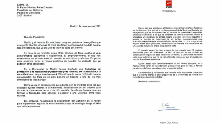 Díaz Ayuso manda una carta a Sánchez donde pide colaboración para evitar una "epidemia de la soledad"