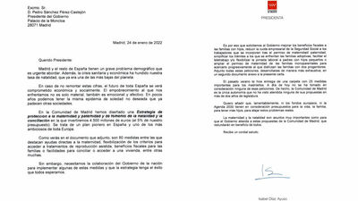 Díaz Ayuso manda una carta a Sánchez donde pide colaboración para evitar una "epidemia de la soledad"