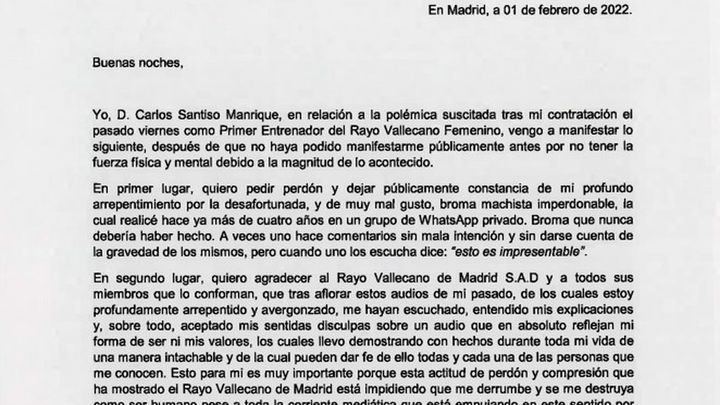 Comunicado de Carlos Santiso / Rayo Vallecano