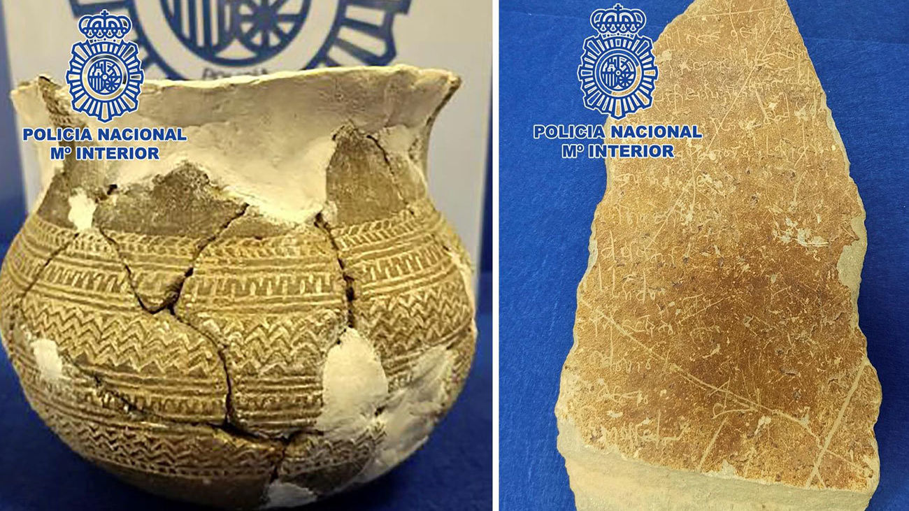 Combo de fotografías facilitadas por la Policía Nacional que ha detenido en la provincia de Cáceres a un arqueólogo que tenía en su poder unos 12.000 objetos arqueológicos expoliados