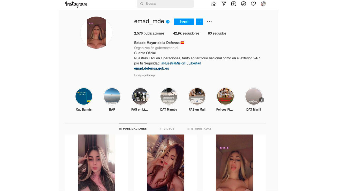 Hackean el perfil de Instagram del Estado Mayor de la Defensa con imágenes de mujeres en lencería