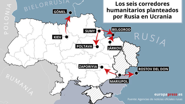 Mapa de los seis corredores humanitarios planteados por Rusia / EUROPA PRESS