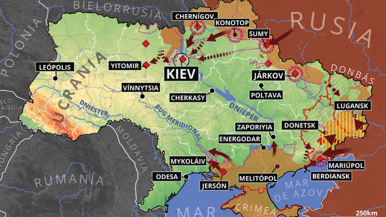 Mapa con ataques militares en Ucrania el 10 de marzo de 2022