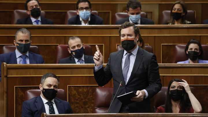 El portavoz de Vox, Iván Espinosa de los Monteros, interpela al Gobierno durante la sesión de control  en el Congreso de los Diputados / EFE