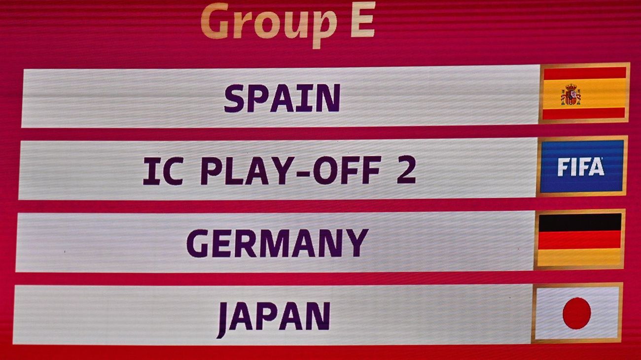 Un panel del sorteo Mundial de Qatar muestra las selecciones que componen el Grupo E: España, Alemania, Japón y el ganador del Nueva Zelanda - Costa Rica