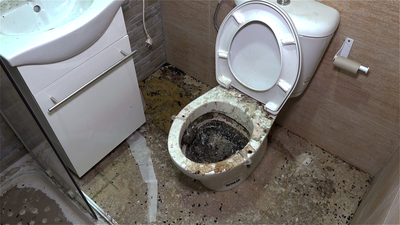 Suciedad, humedades, aguas fecales, ratas y cucarachas muertas inundan un edificio de Parla