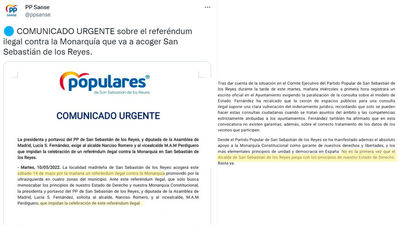 El PP de San Sebastián de los Reyes denuncia la celebración de un referéndum ilegal contra la Monarquía