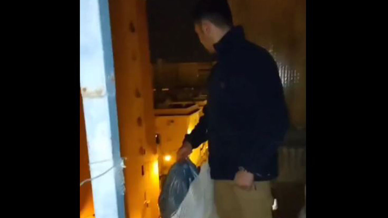 Lanza una bolsa de basura desde un sexto piso y lo mete en el camión en movimiento