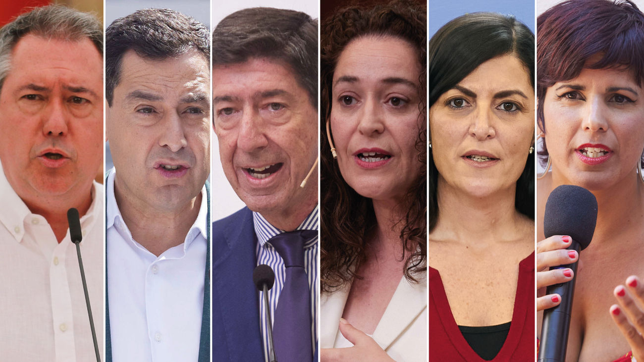 los candidatos de las elecciones al Parlamento de Andalucía. De izquierda a derecha Juan Espadas (PSOE), Juan Manuel Moreno (PP), Juan Marín (Ciudadanos), Inmacu (1)
