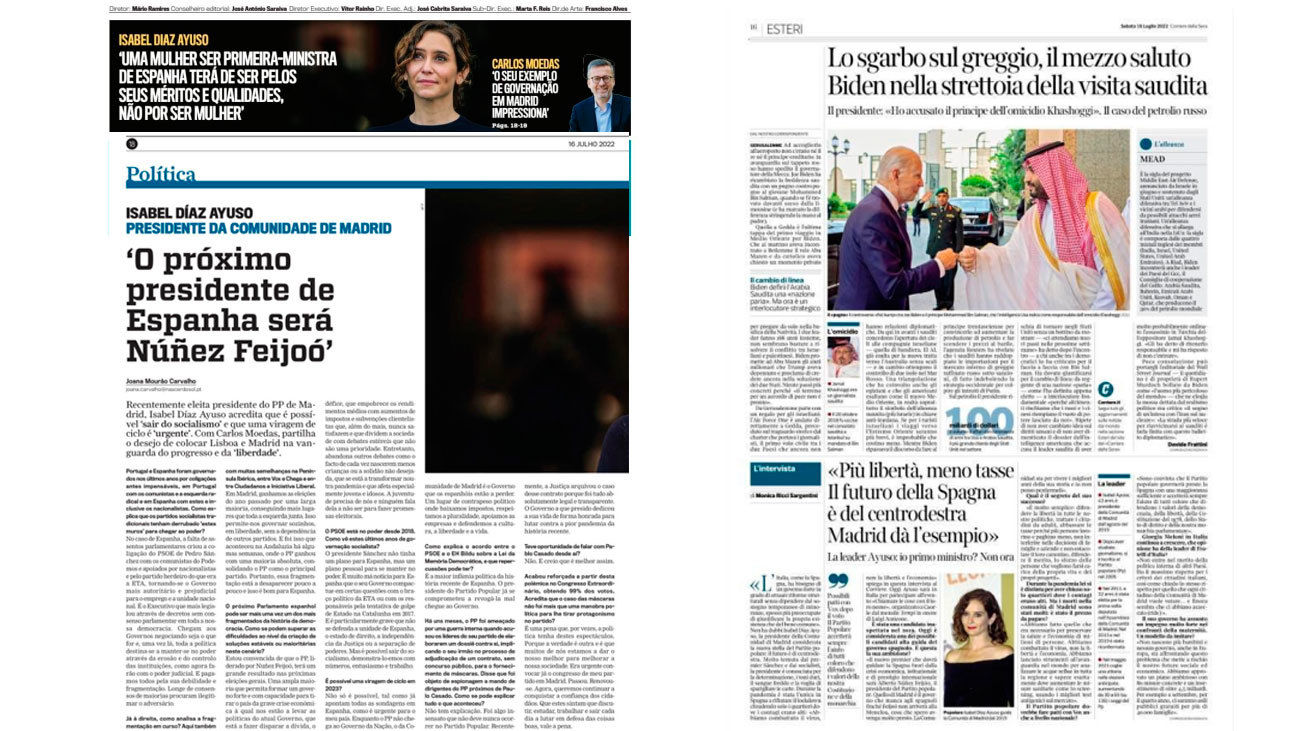 La prensa italiana y portuguesa se vuelca con Ayuso y su política en Madrid