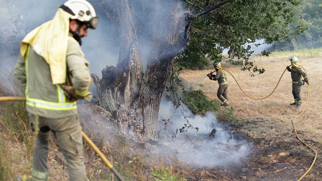 Varios bomberos trabajan en la extinción del fuego de Folgoso do Courel (Lugo)