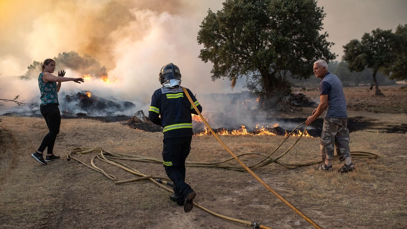 Un bombero y dos vecinos trabajan en la extinción del incendio de Losacio