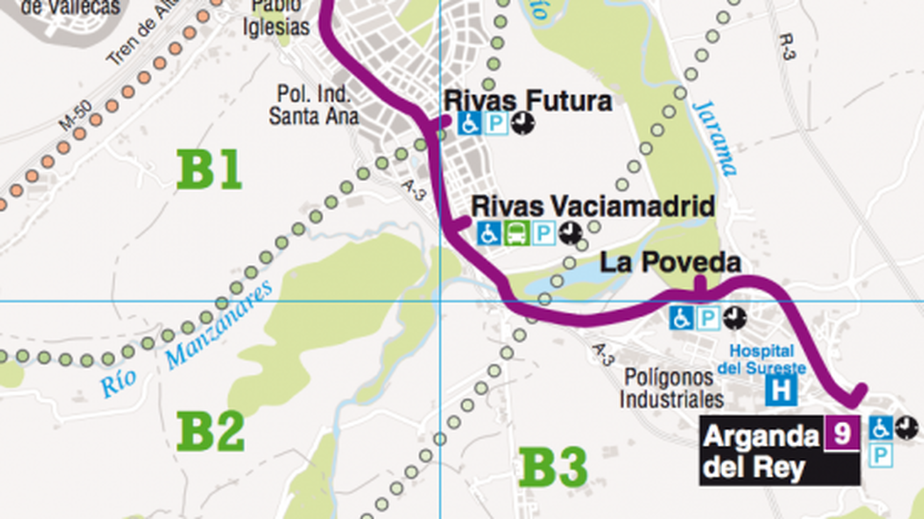 Zonas tarifarias del Consorcio, actualmente todo Rivas está incluido en la corona B1