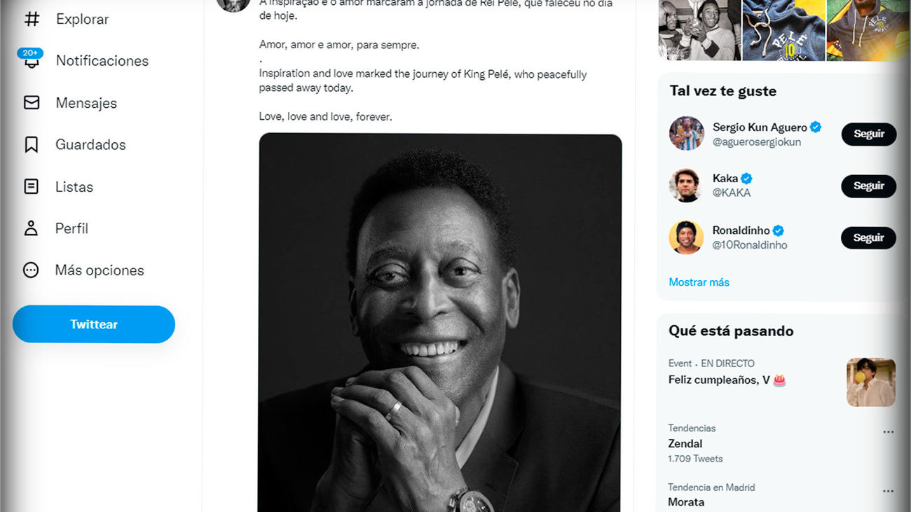 La cuenta oficial de Pelé en Twitter publica un mensaje de adiós al astro brasileño