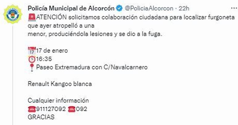 Tuit de la Policía Local de Alcorcón / TWITTER