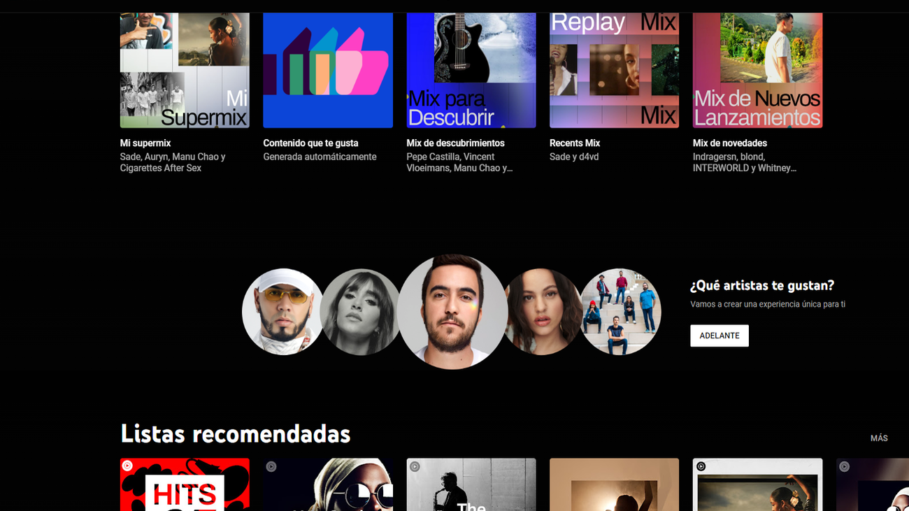 Una página de YouTube Music