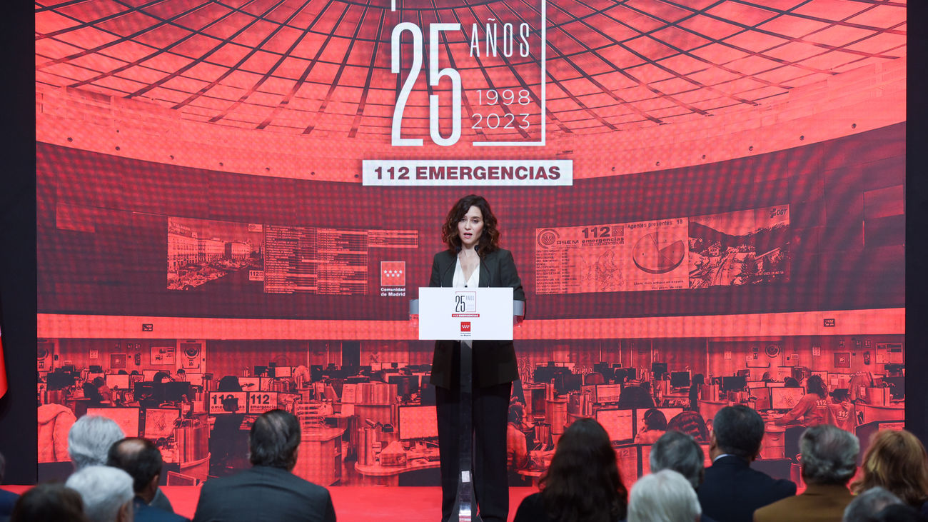 La presidenta de la Comunidad de Madrid, Isabel Díaz Ayuso, interviene durante el acto de conmemoración del XXV aniversario de la creación del Centro de Emergencias Madrid 112