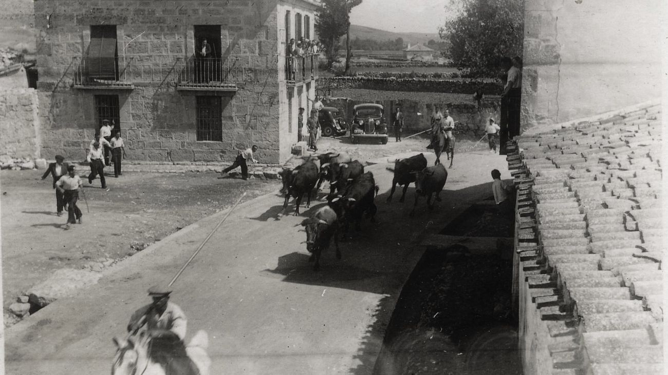 Imagen histórica del traslado de reses por las calles de Guadalix de la Sierra