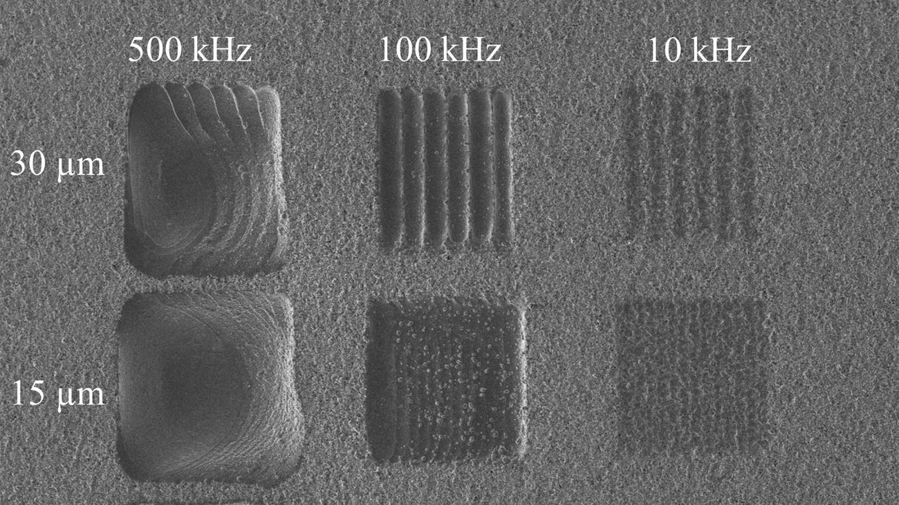 Imagen con los efectos de la modificación inducida por la irradiación láser en gránulos de óxido de niobio