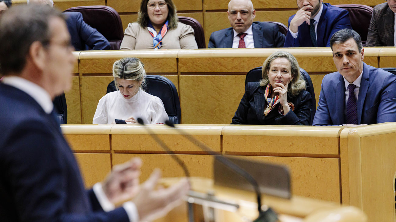 El líder del PP, Alberto Núñez Feijóo, comparece en un pleno del Senado ante Pedro Sánchez