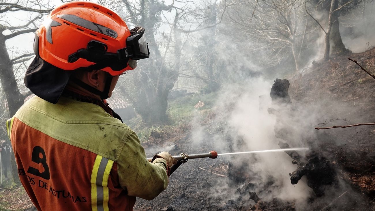 Un bombero, en la extinción de un incendio forestal en Toraño, Parres, Asturias