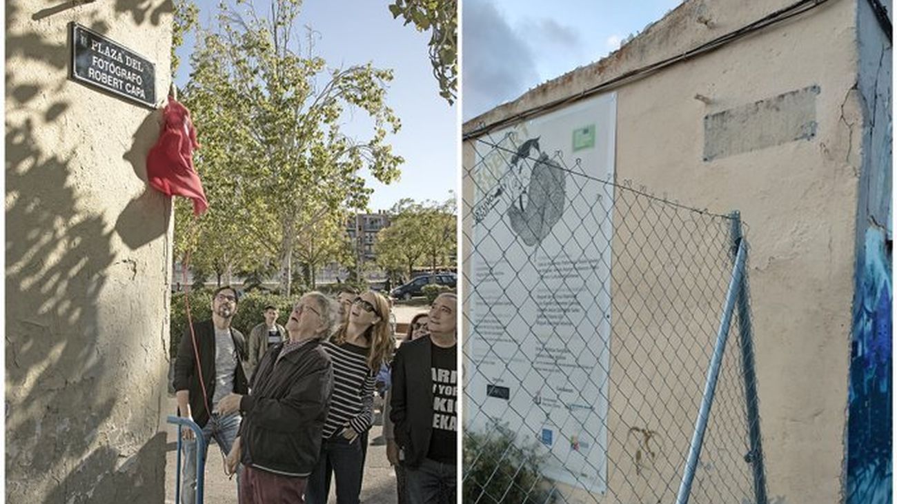 Dos imágenes, la de la inauguración de la placa en 2017 y la del hueco dejado tras su sustracción