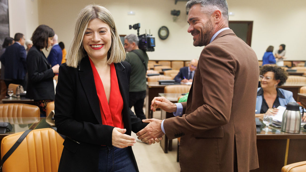 La diputada del PSOE Laura Berja y el presidente de la comisión, Felipe Sicilia a su llegada a una Comisión de Justicia en el Congreso de los Diputados
