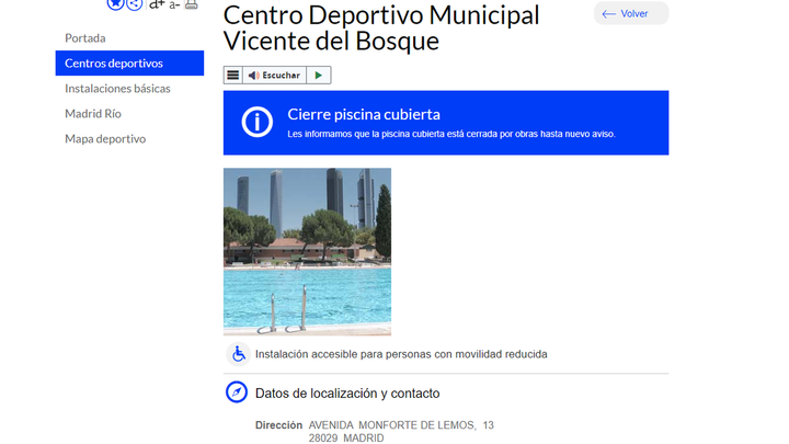 Cierre de la piscina cubierta del CDM Vicente del Bosque / AYTO MADRID