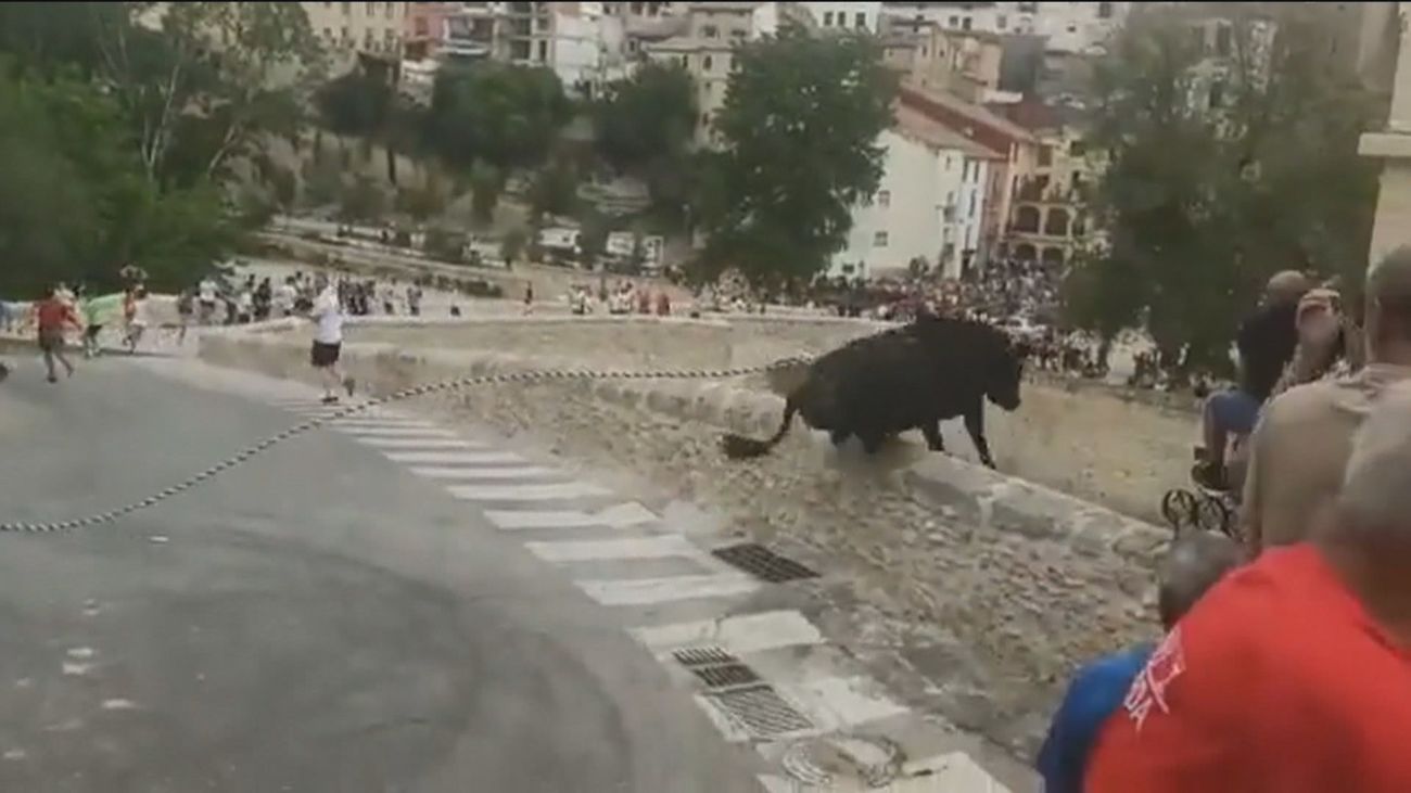 El impactante salto de un toro por un puente
