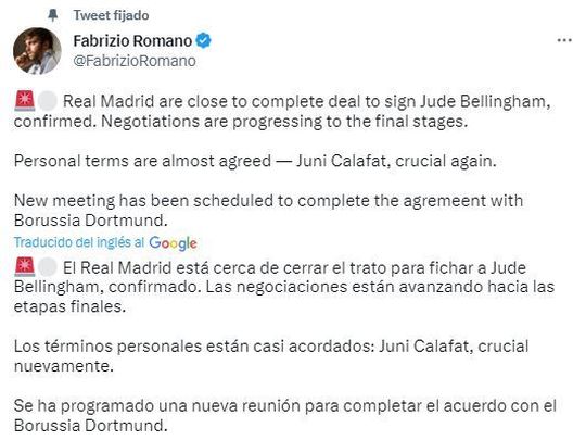 Tuit Fabrizio Romano / TWITTER