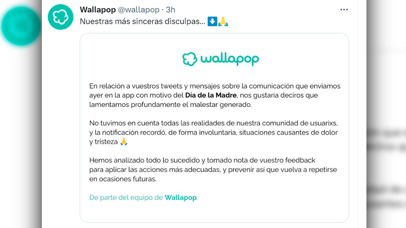 Wallapop se disculpa en sus redes sociales por su campaña del Día de la Madre