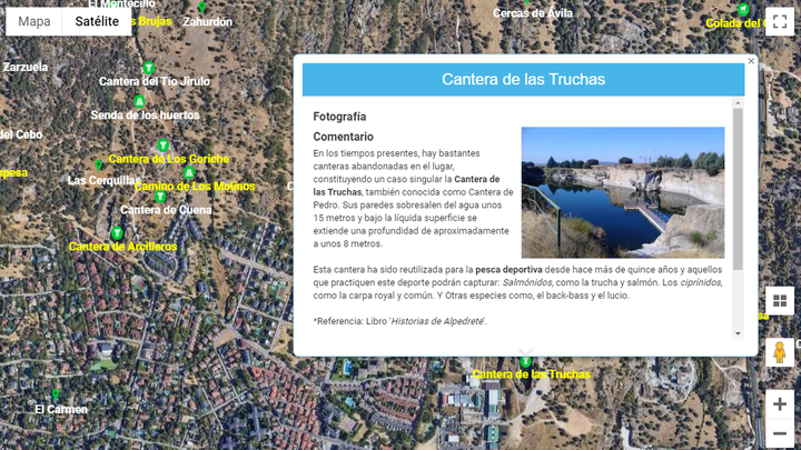 Captura de la app con información de una de las canteras de Alpedrete / TOPONIMOS