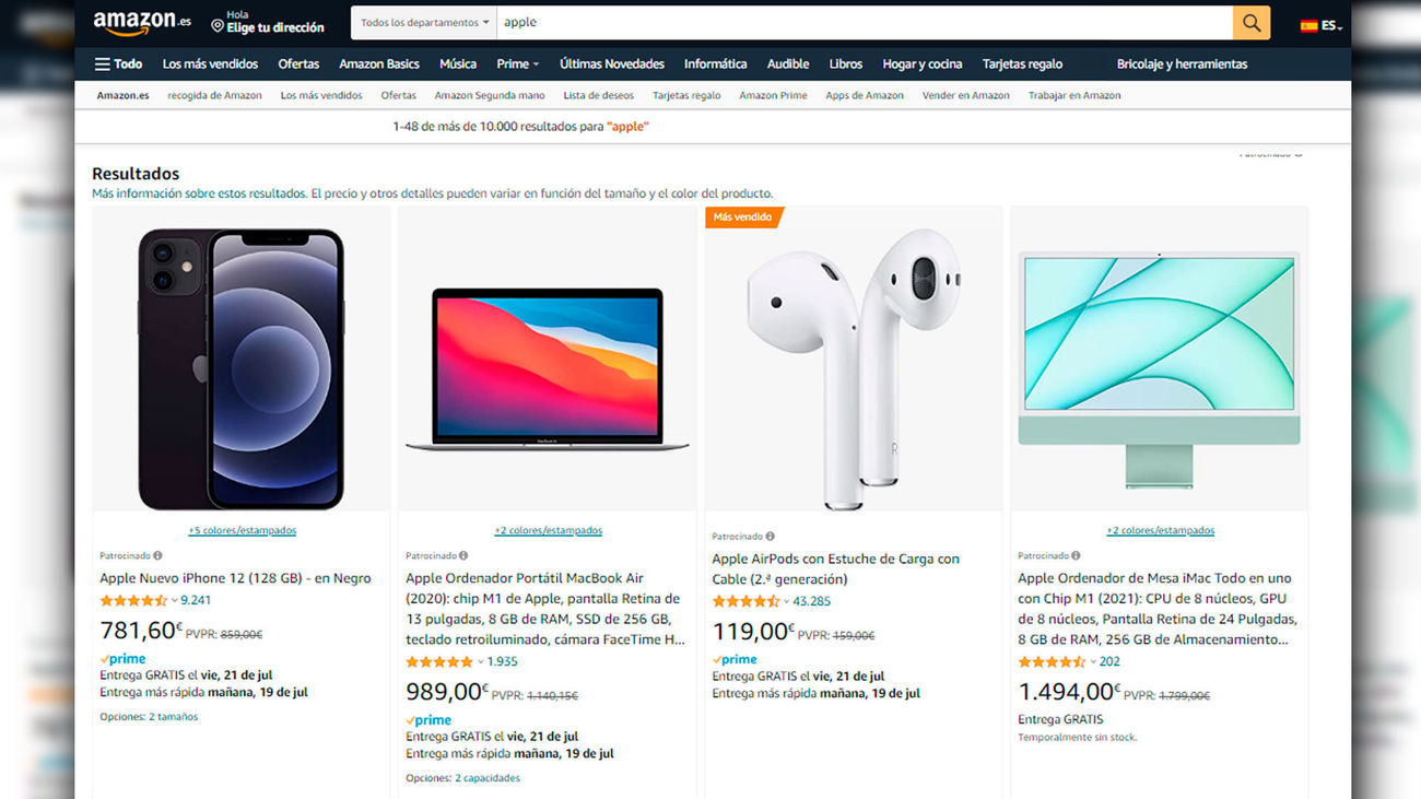 Productos de Apple en la web de Amazon