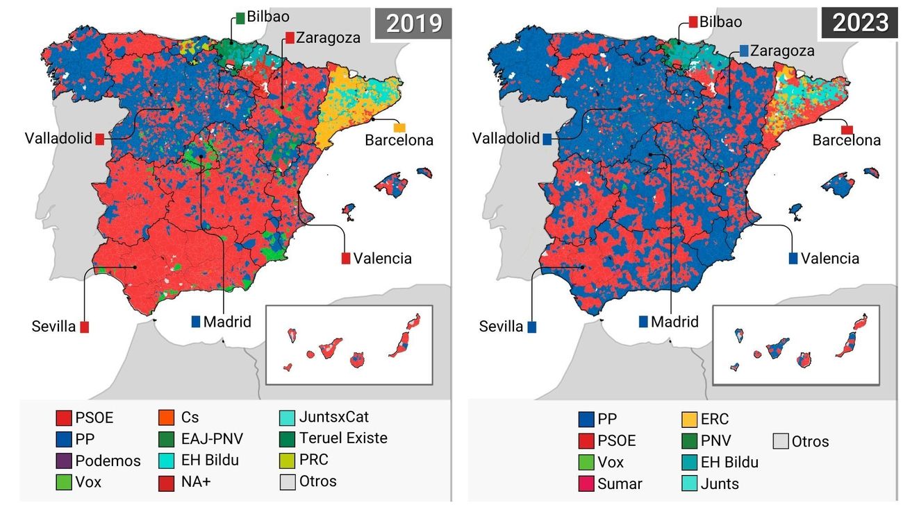 Mapas de los resultados de las elecciones generales del 23J por municipios
