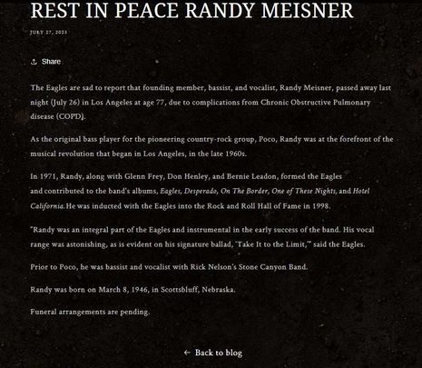 Comunicado de l muerte de Randy Meisner de The Eagles / EAGLES