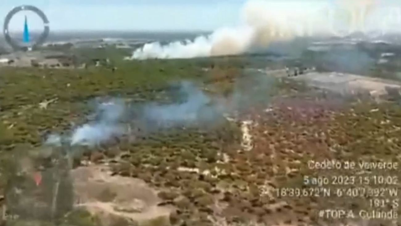 Imagen del incendio forestal que se ha iniciado esta tarde con dos focos en un campo de Bonares