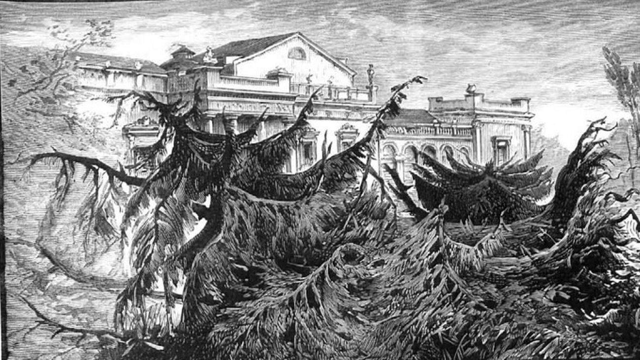 Grabado con los estragos del vendaval de 1886 en la Finca de Vista Alegre