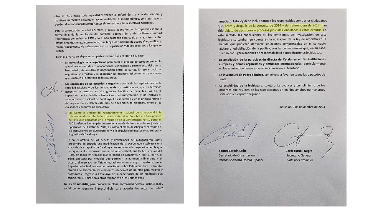 Documento: El pacto entre PSOE y Junts incluye el referéndum