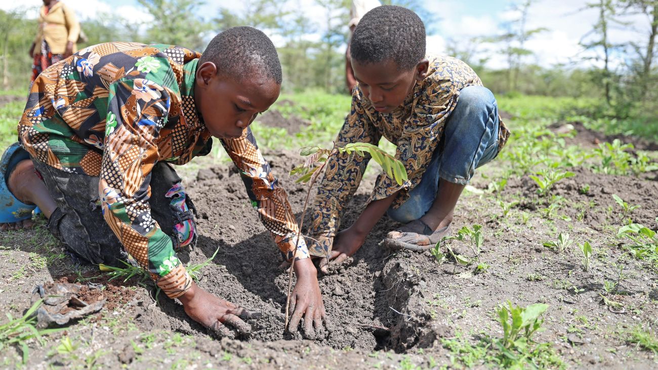 Dos niños participan en la jornada de plantación decretada por Kenia