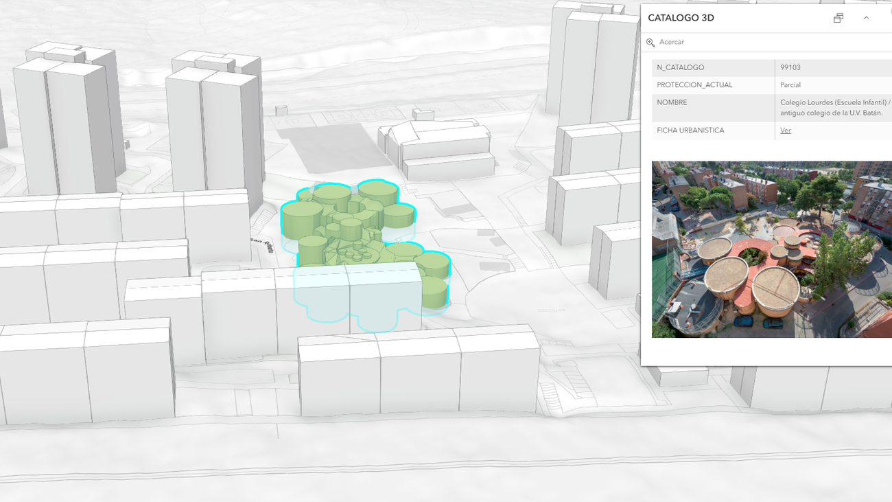 Ficha y cartografía en 3D del Colegio Lourdes, obra de Sáenz de Oiza