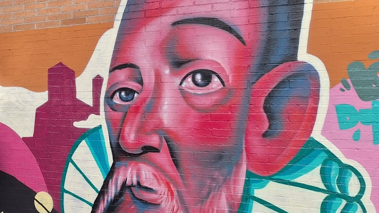 Mural de Cervantes en el CEIP Cervantes de Alcalá de Henares, obra de 'Dulce Toño'